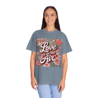 Valentine's T-shirt with Love Is in the Air heart collage in vintage washed colors