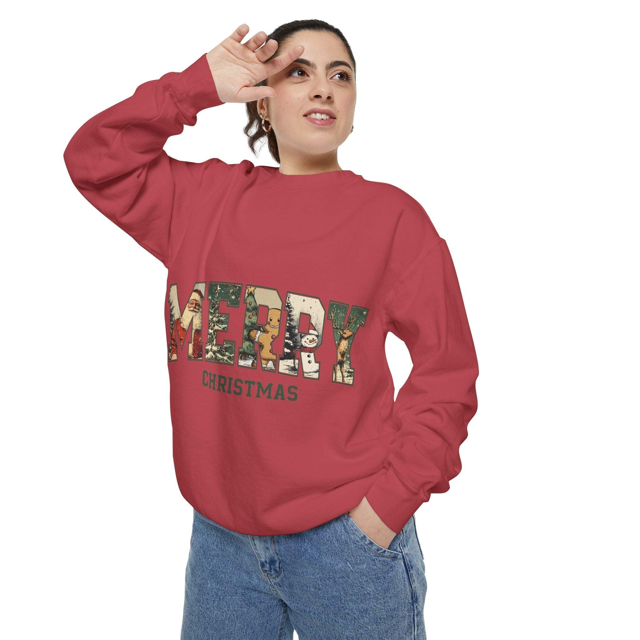 woman wearing red Vintage Varsity Merry Christmas sweatshirt with festive print and relaxed fit