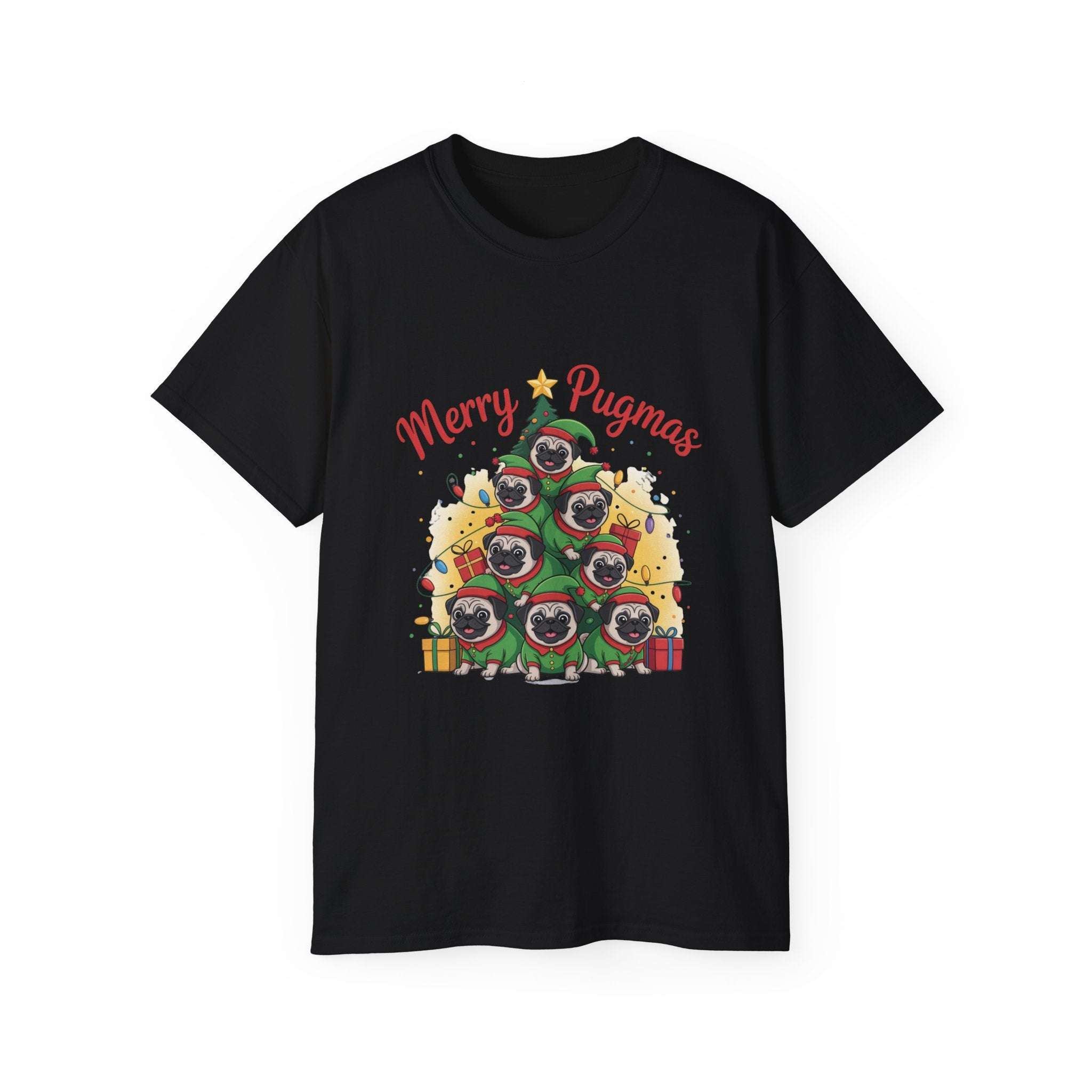 Black Merry Pugmas T-Shirt with festive pug Christmas tree design for holiday dog lovers