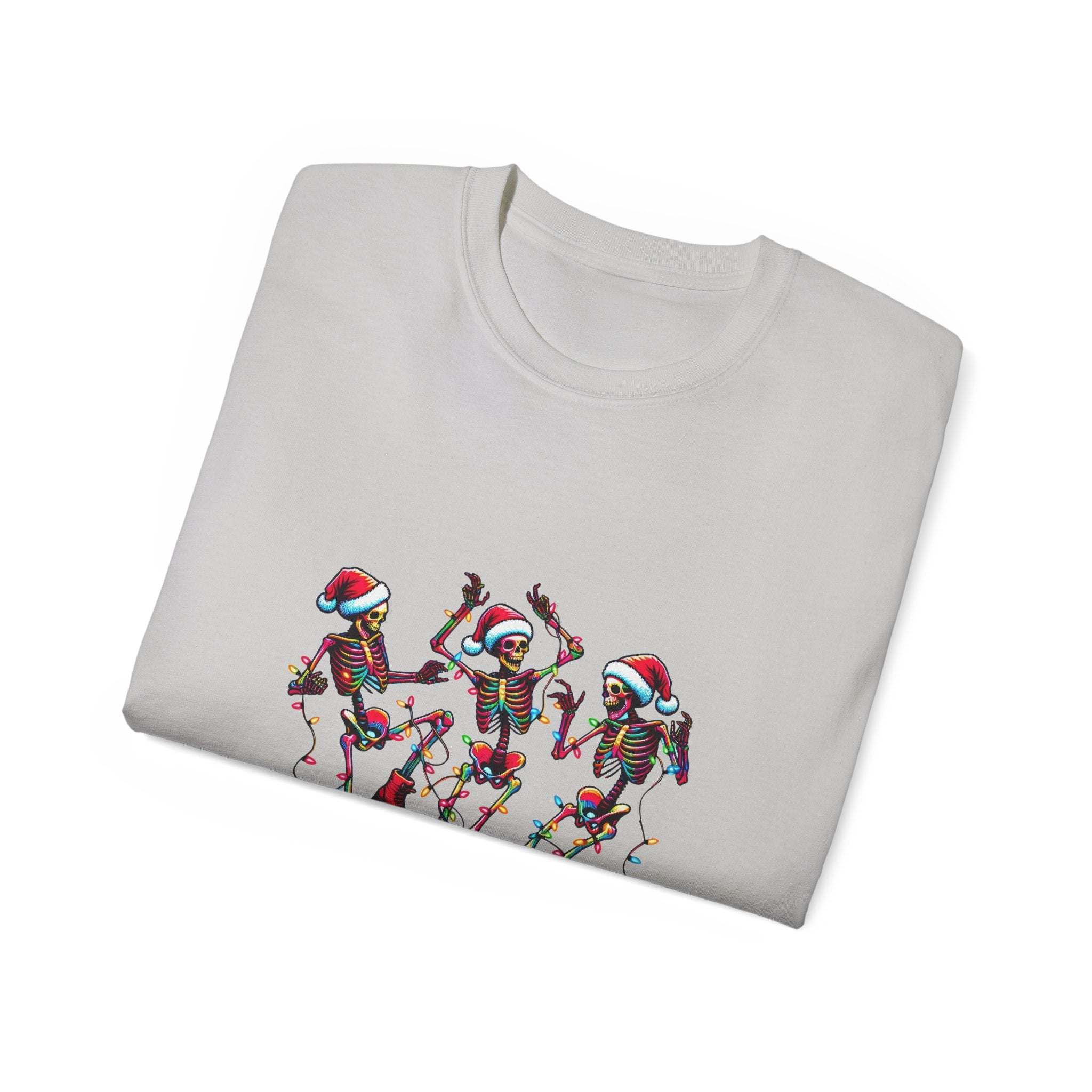 White Christmas Dancing Skeletons t-shirt by Printify, festive design perfect for holiday celebrations