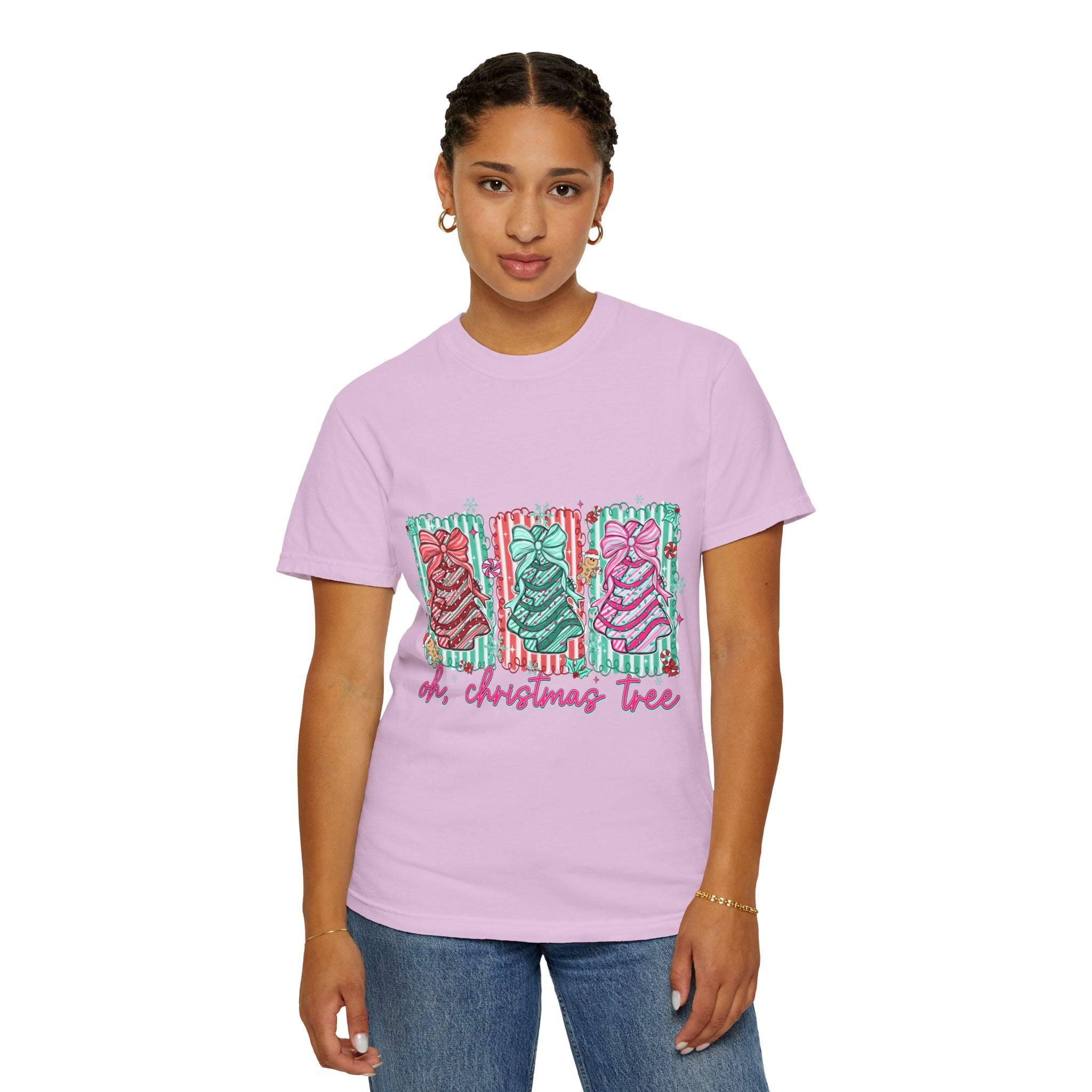 Woman wearing a preppy Oh Christmas Tree T-shirt with festive holiday design