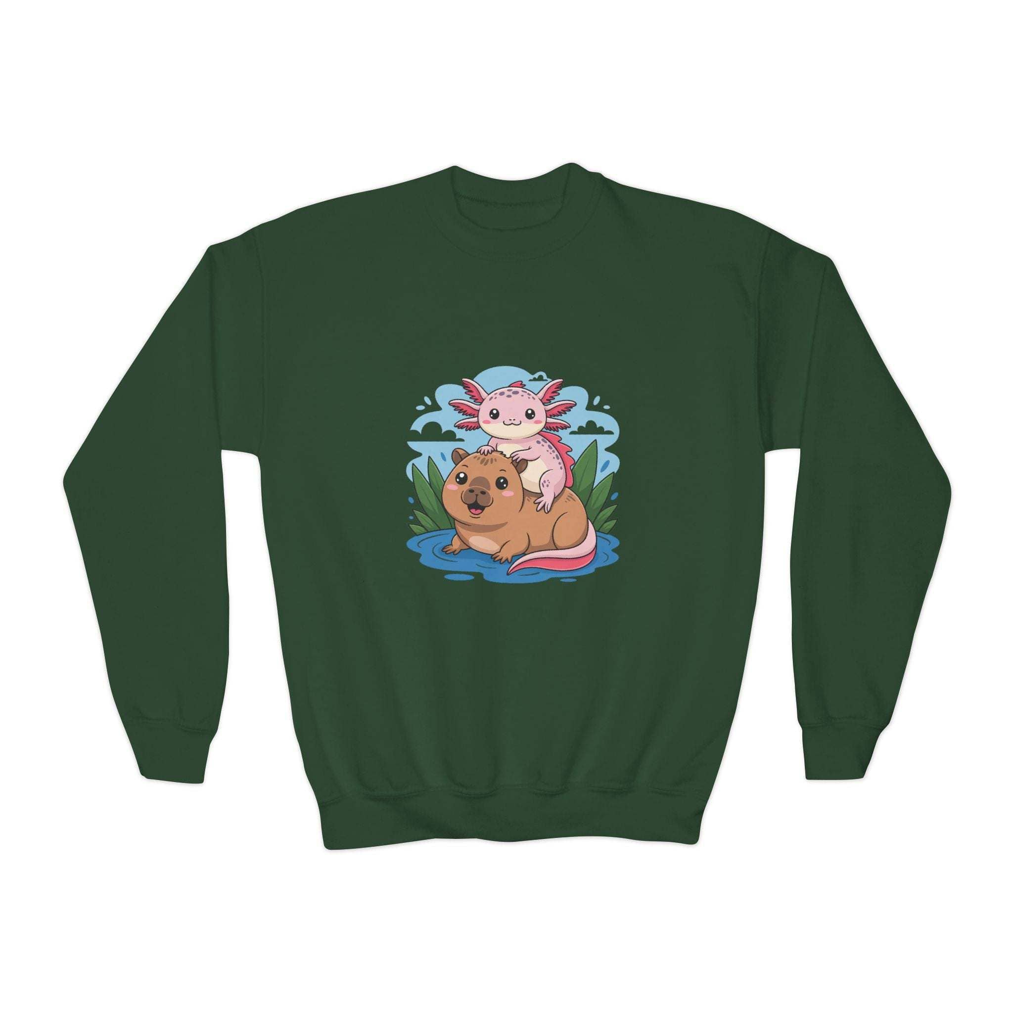 Green sweatshirt with a cartoon axolotl and dog design on a white background