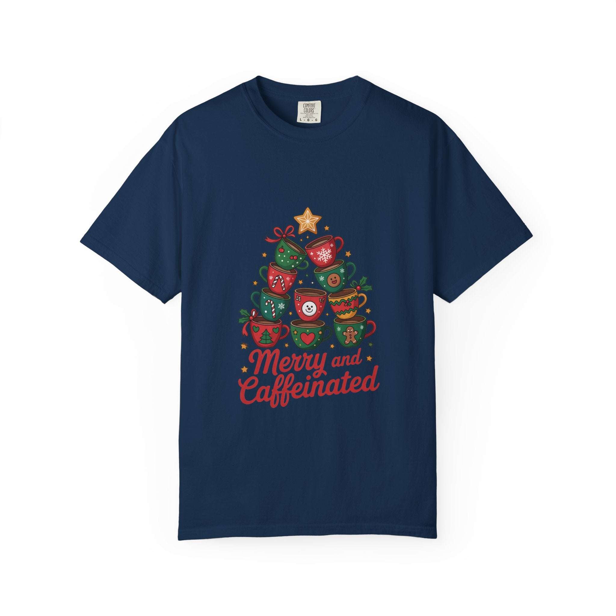 Navy Merry and Caffeinated T-shirt with festive coffee cup design and holiday text
