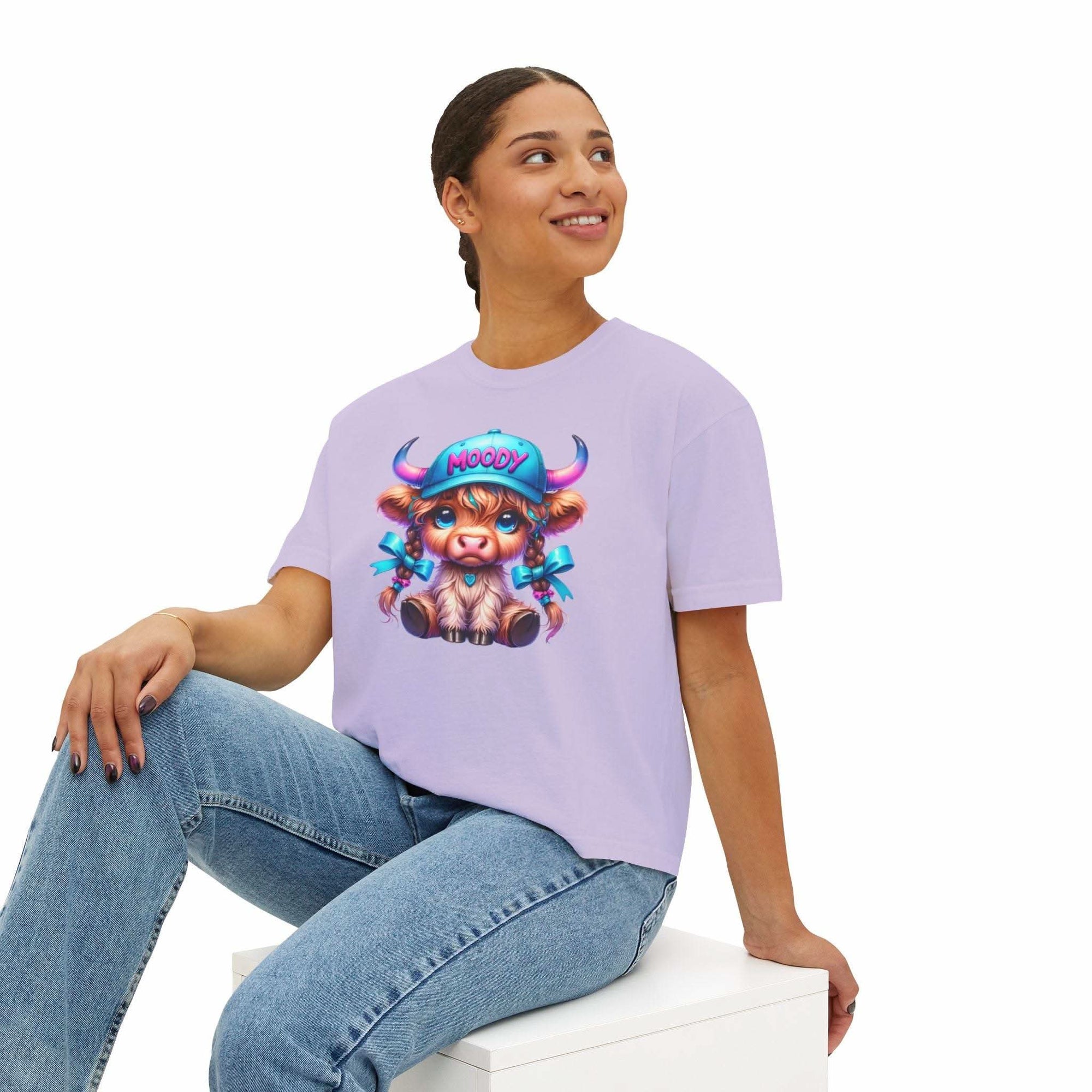 Women's boxy tee with moody girl highland cow design in pastel purple, casual fit, vintage style cotton shirt