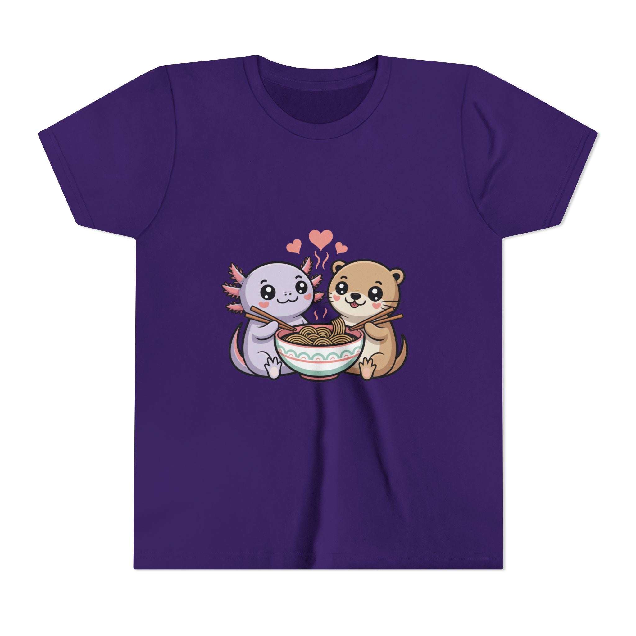 Cute Kawaii Animal Kids Shirt with axolotl and otter sharing ramen bowl design on lightweight cotton fabric