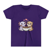 Cute Kawaii Animal Kids Shirt with axolotl and otter sharing ramen bowl design on lightweight cotton fabric