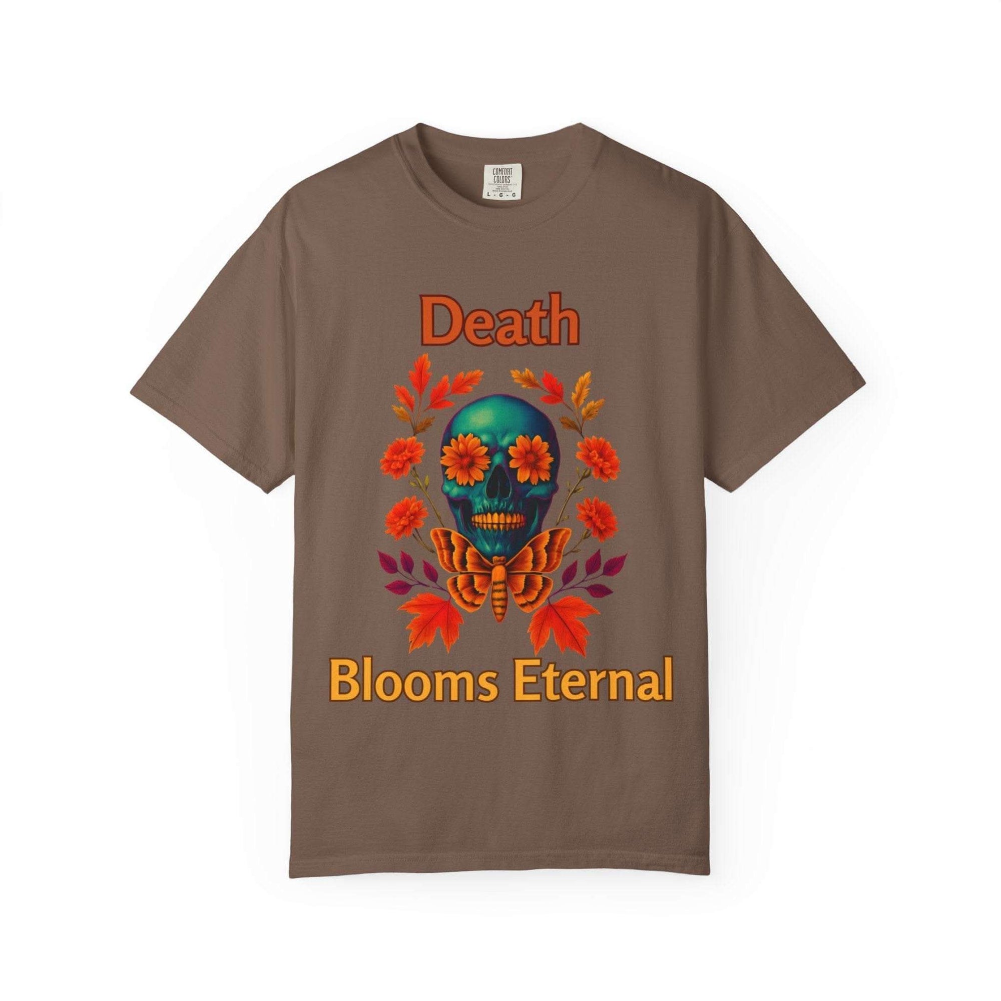 Unisex black t-shirt featuring 'Death Blooms Eternal' graphic, gothic style, perfect for Halloween and heavy metal fans.