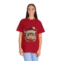 Black t-shirt featuring faux crochet yarn Highland cow Santa print by Printify, perfect for cozy Christmas wear.
