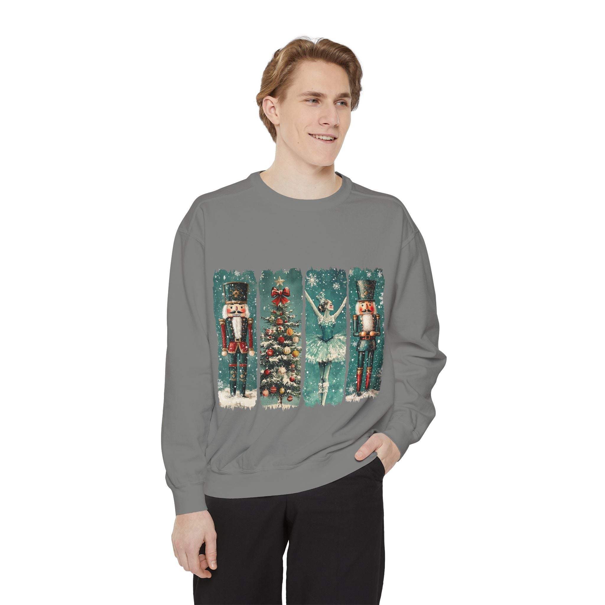 Vintage Christmas Nutcracker sweatshirt with watercolor nutcracker and holiday design on gray fabric