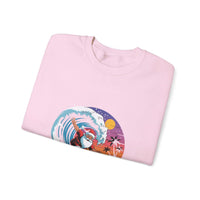 Navy Santa sweatshirt featuring a surfing design, perfect for holiday beachwear by Printify.