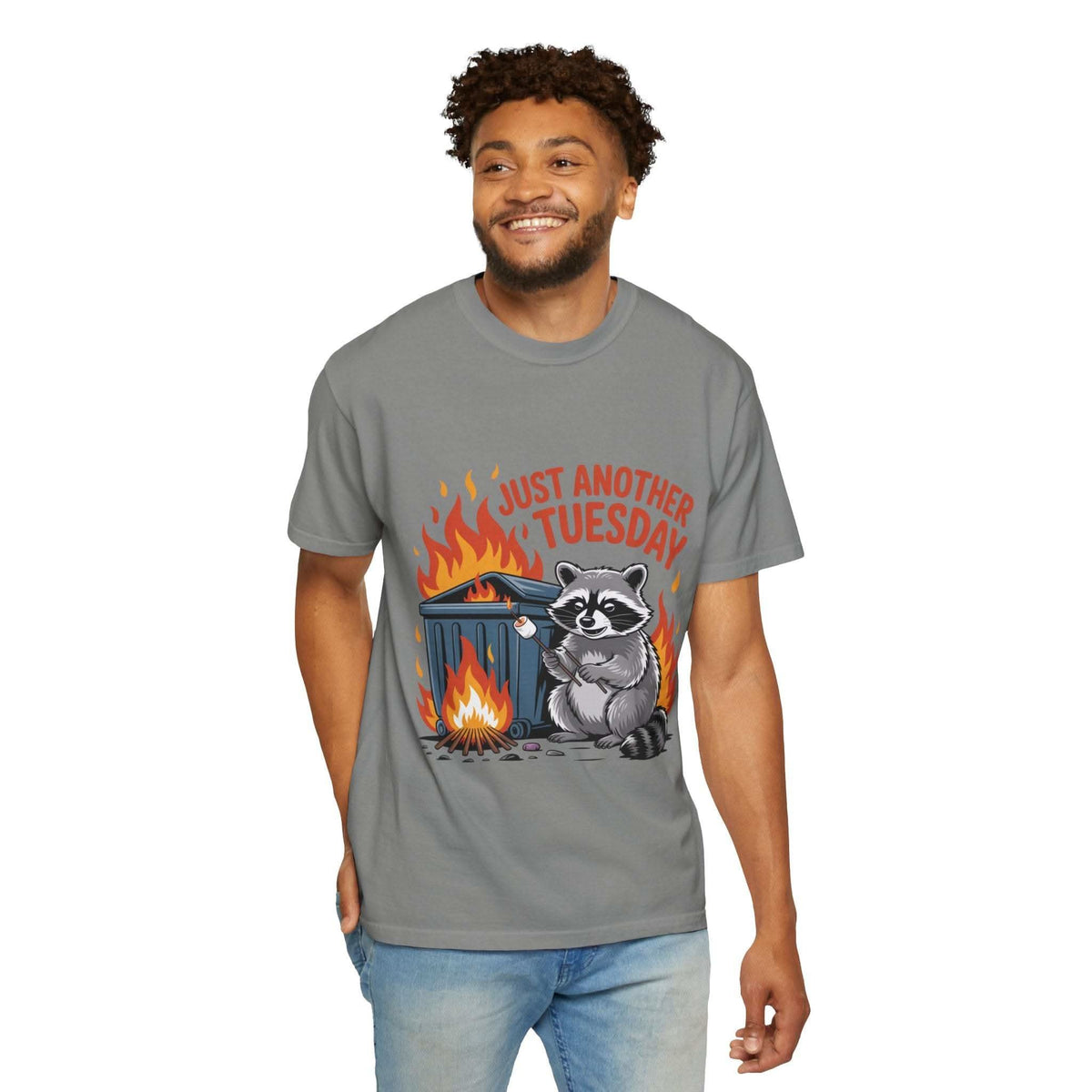 Man wearing a gray t-shirt with a raccoon graphic and text on a white background