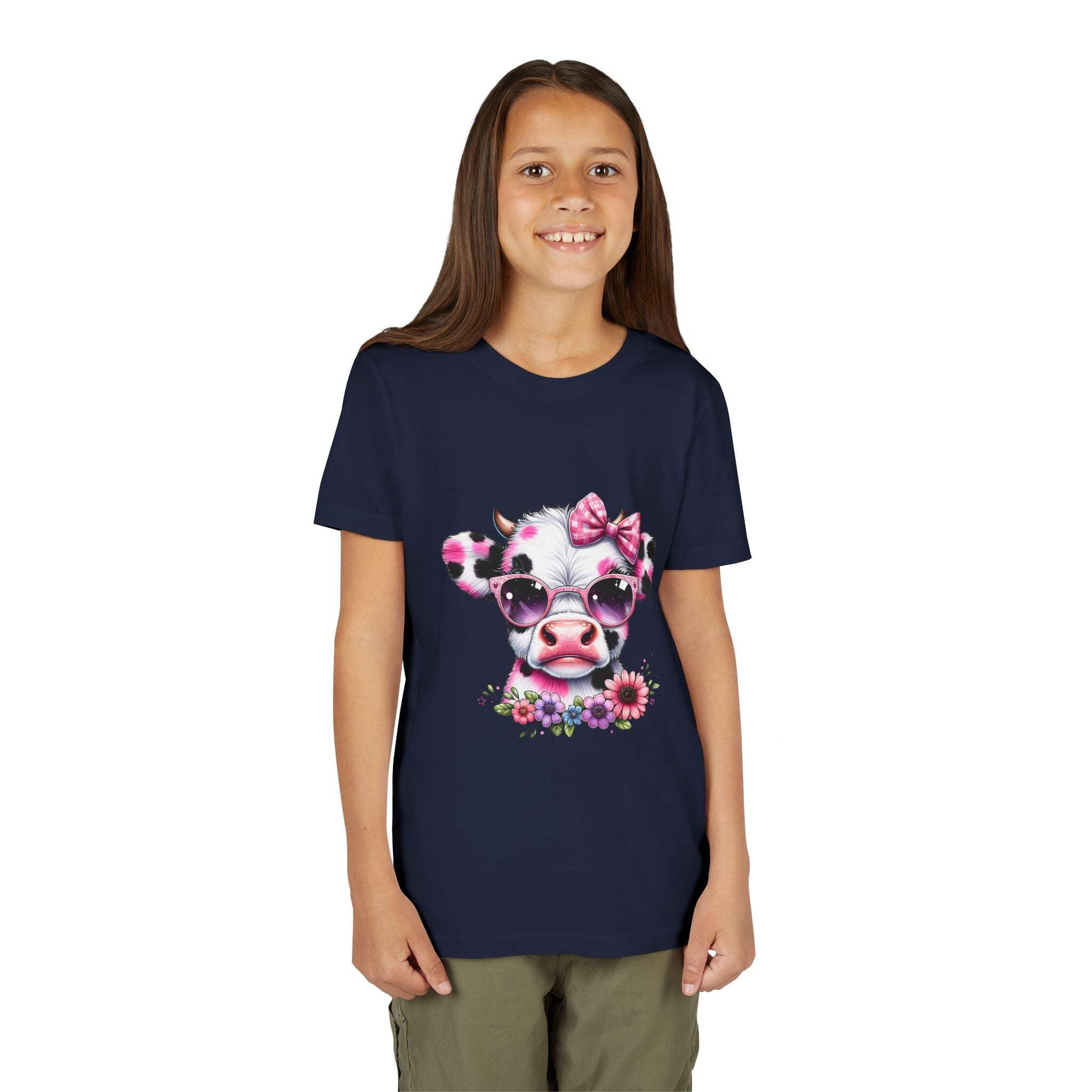 Pink floral highland cow graphic youth tee with soft cotton and modern fit