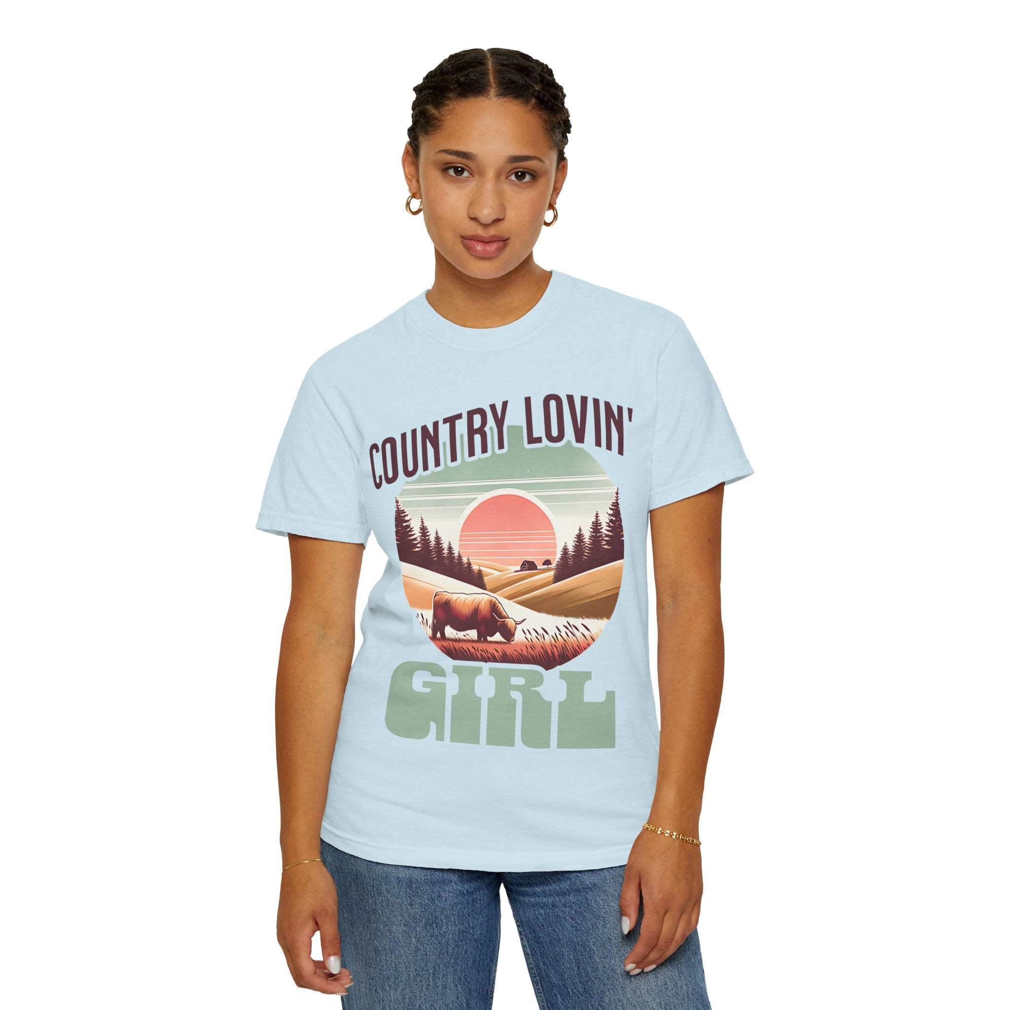 Country Lovin Girl T-shirt featuring vintage rural landscape graphic on light blue cotton tee worn by woman