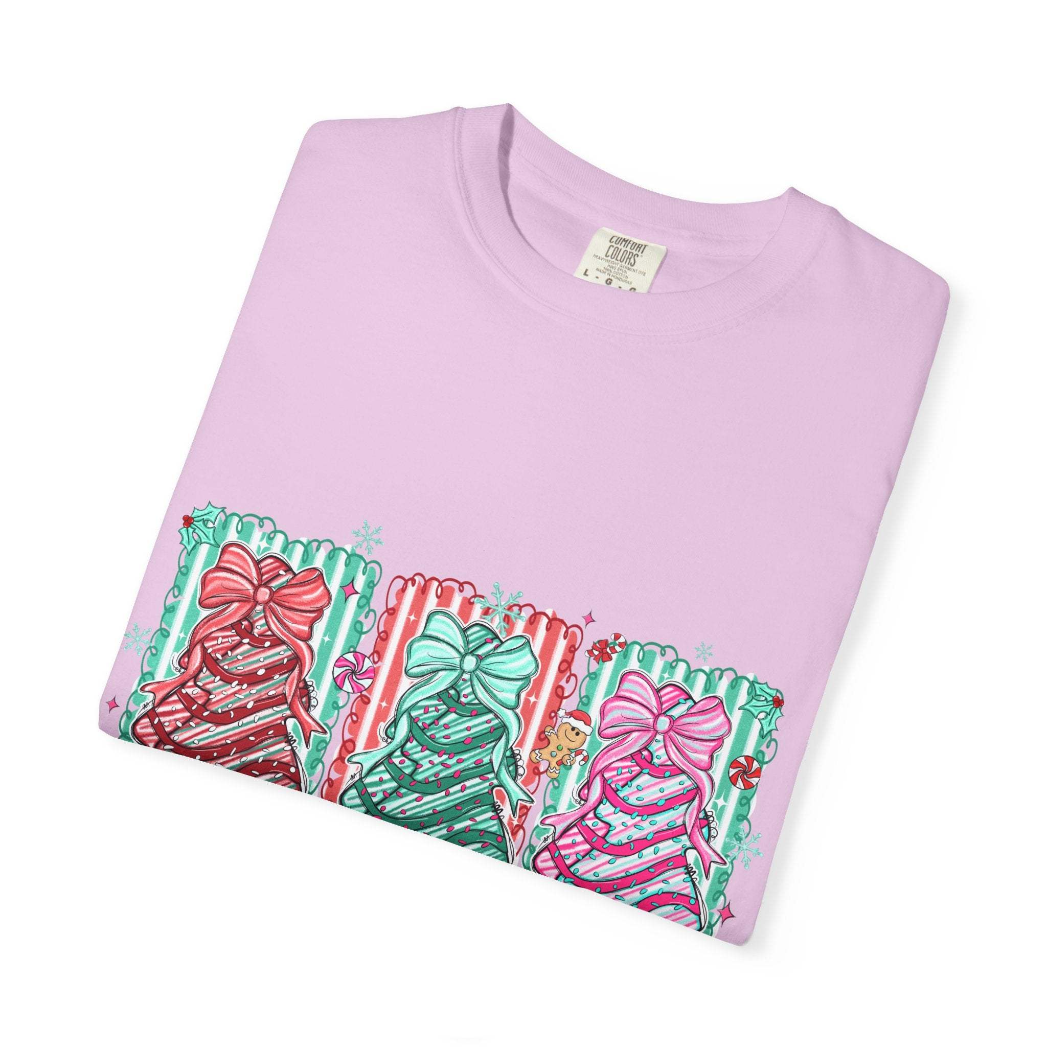 Preppy Oh Christmas Tree T-shirt with colorful holiday tree designs on pink garment-dyed fabric