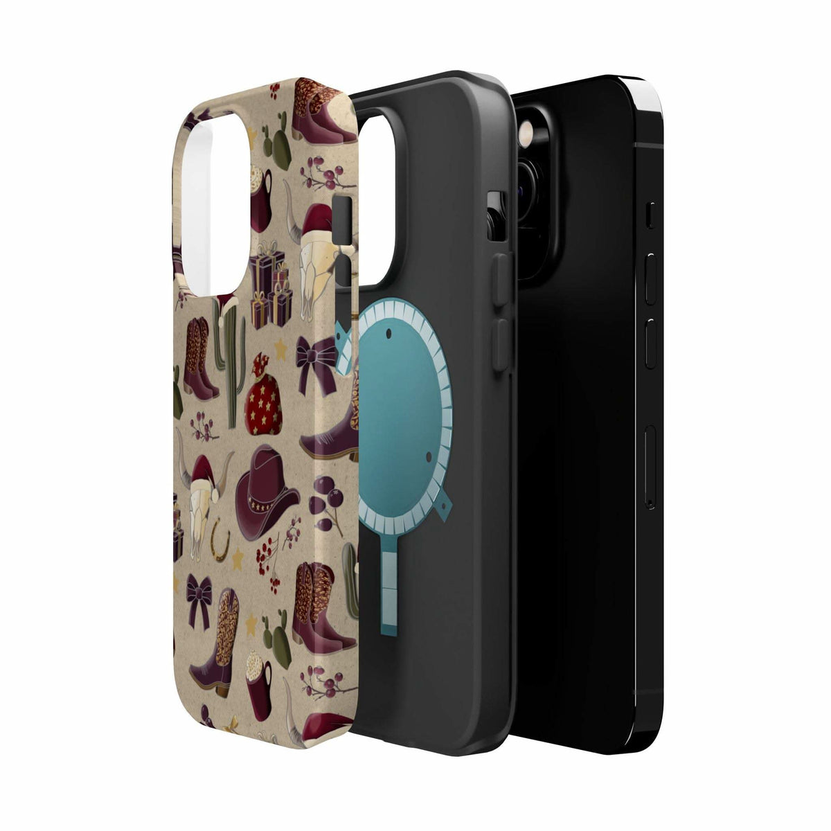 Cowboy Christmas design phone case for iPhone 17 in glossy finish by Printify, featuring festive colors and patterns.