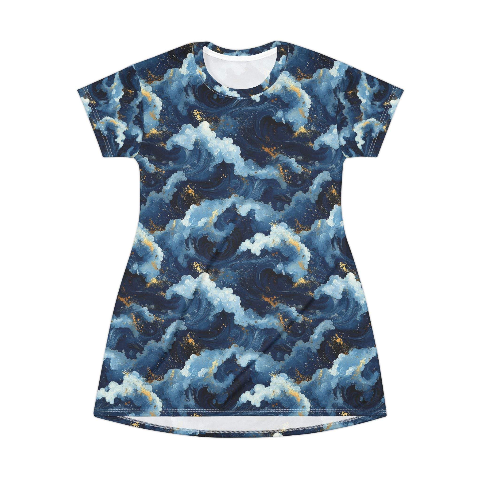 Navy storm cloud pattern all-over print flowing dress with gold flecks and tagless neckline