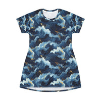 Navy storm cloud pattern all-over print flowing dress with gold flecks and tagless neckline