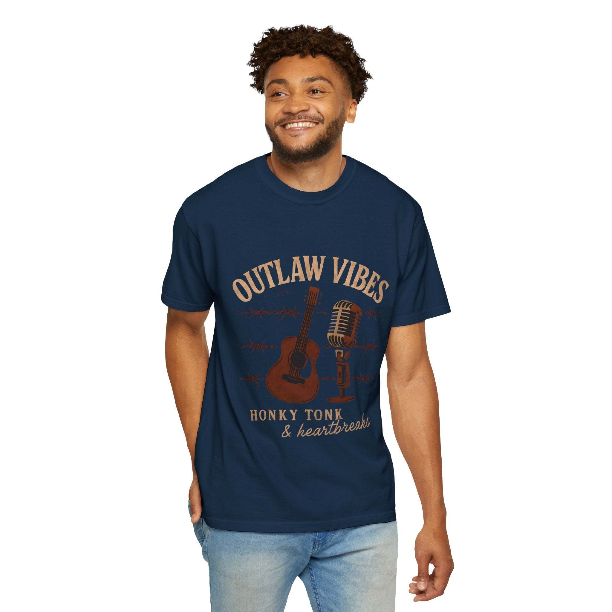 Outlaw Vibes T-Shirt navy blue with guitar and microphone graphic, casual relaxed fit cotton tee