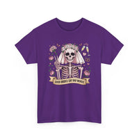 Bride Skull Illustration Tee featuring smiling skeleton bride with roses and banner saying Good brides say bad words on white cotton shirt