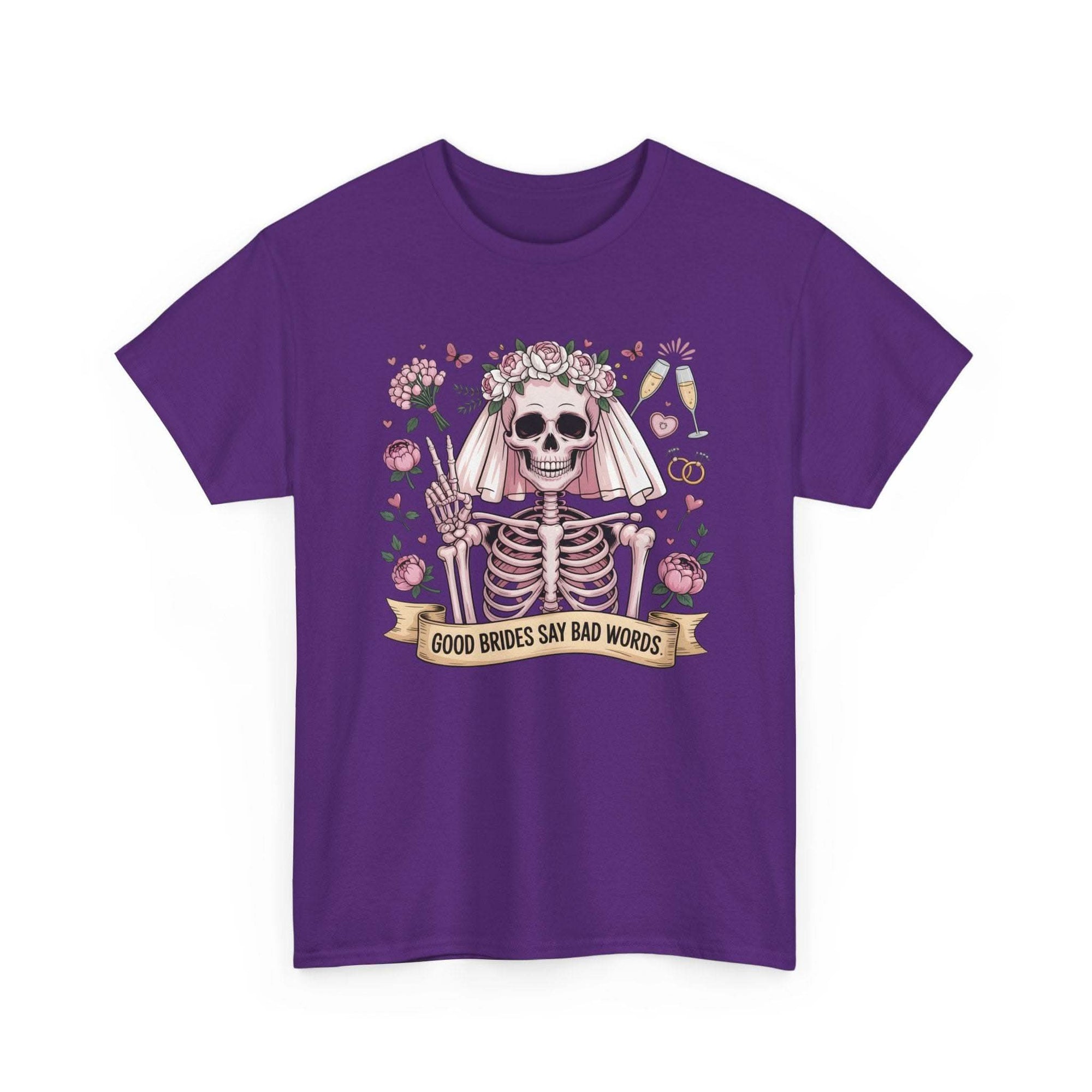 Bride Skull Illustration Tee featuring smiling skeleton bride with roses and banner saying Good brides say bad words on white cotton shirt