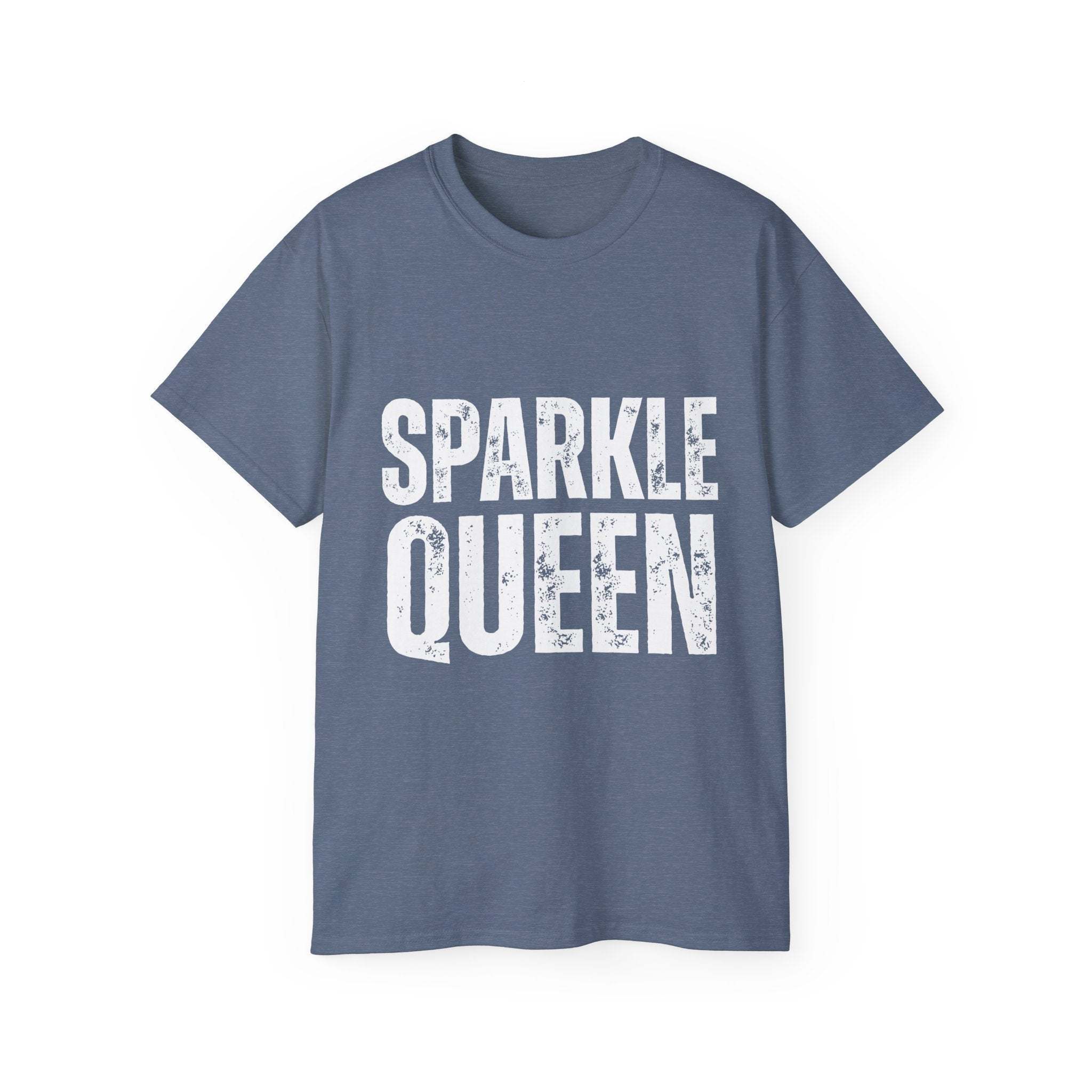 Distressed Sparkle Queen T-Shirt in gray with bold white graphic text for fashionistas and celebrations