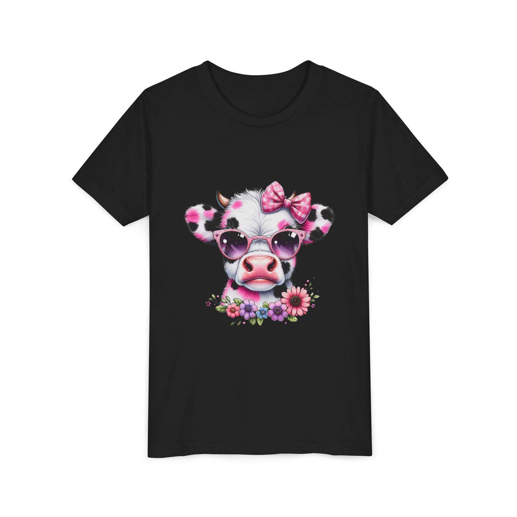 Black t-shirt with a cow wearing sunglasses and a bow design on a white background