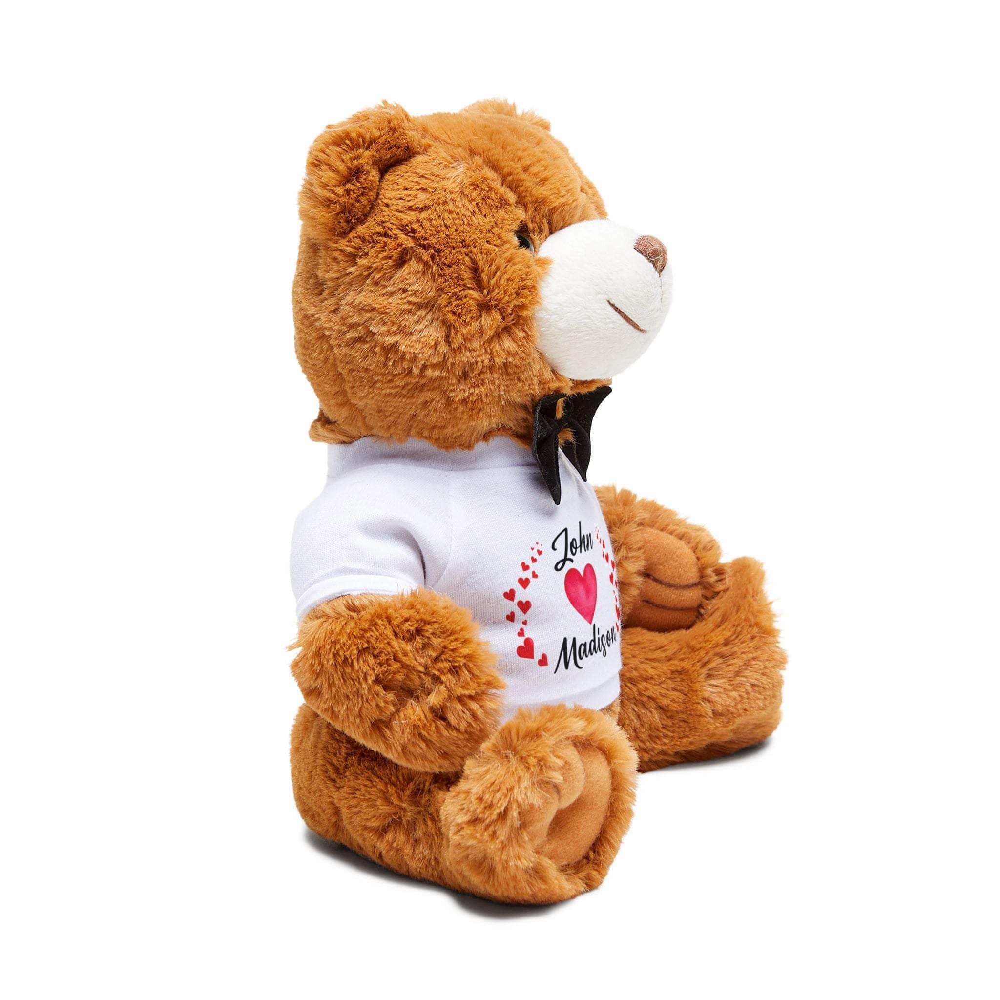 Personalized Heart Names teddy bear with removable t-shirt and black bow tie