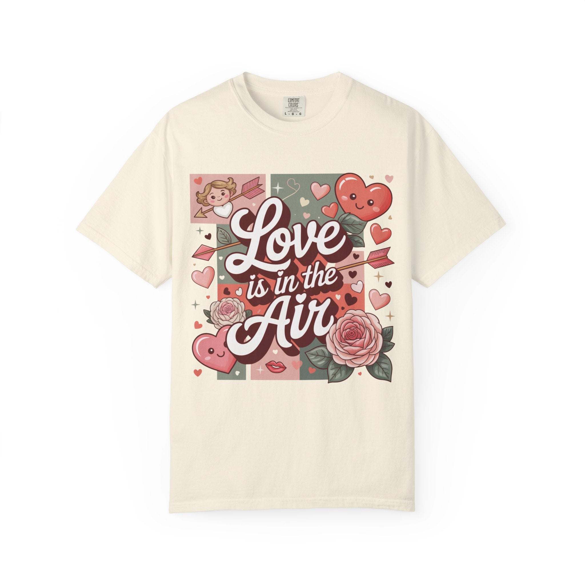 Valentine's T-shirt with Love Is in the Air hearts collage and vintage look