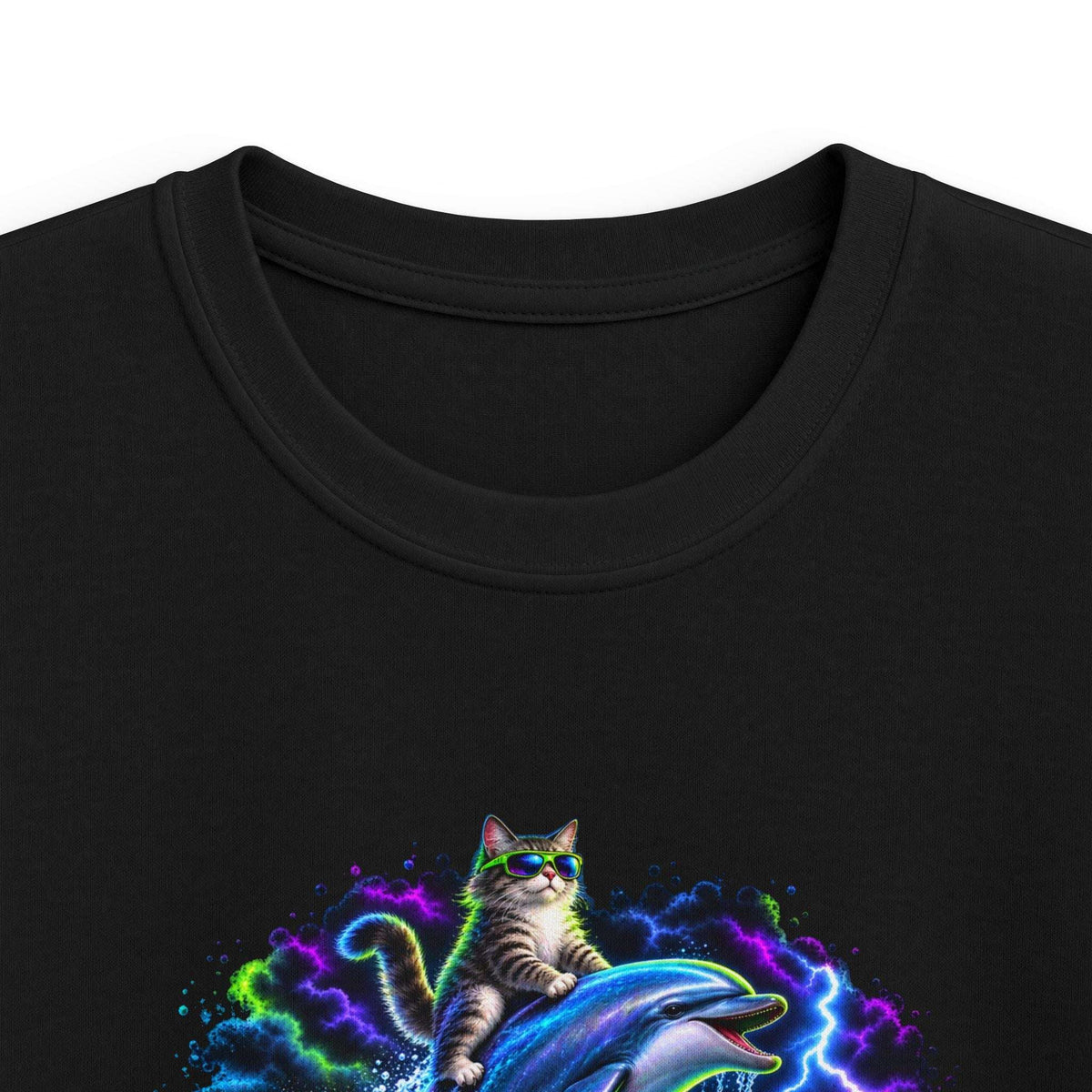 Close-up of a black crewneck t-shirt featuring a vibrant graphic of a cat riding a dolphin with neon lightning effects.