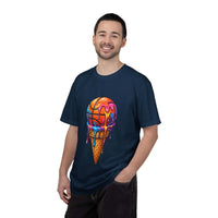 Colorful dripping ice cream cone graphic on relaxed-fit neon melting dessert t-shirt