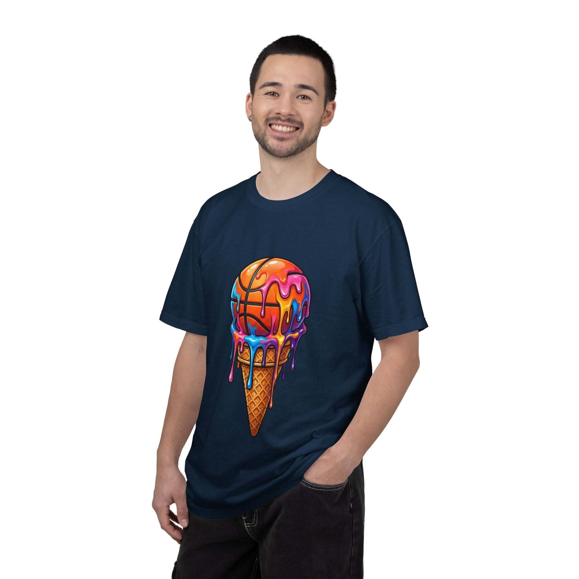 Colorful dripping ice cream cone graphic on relaxed-fit neon melting dessert t-shirt