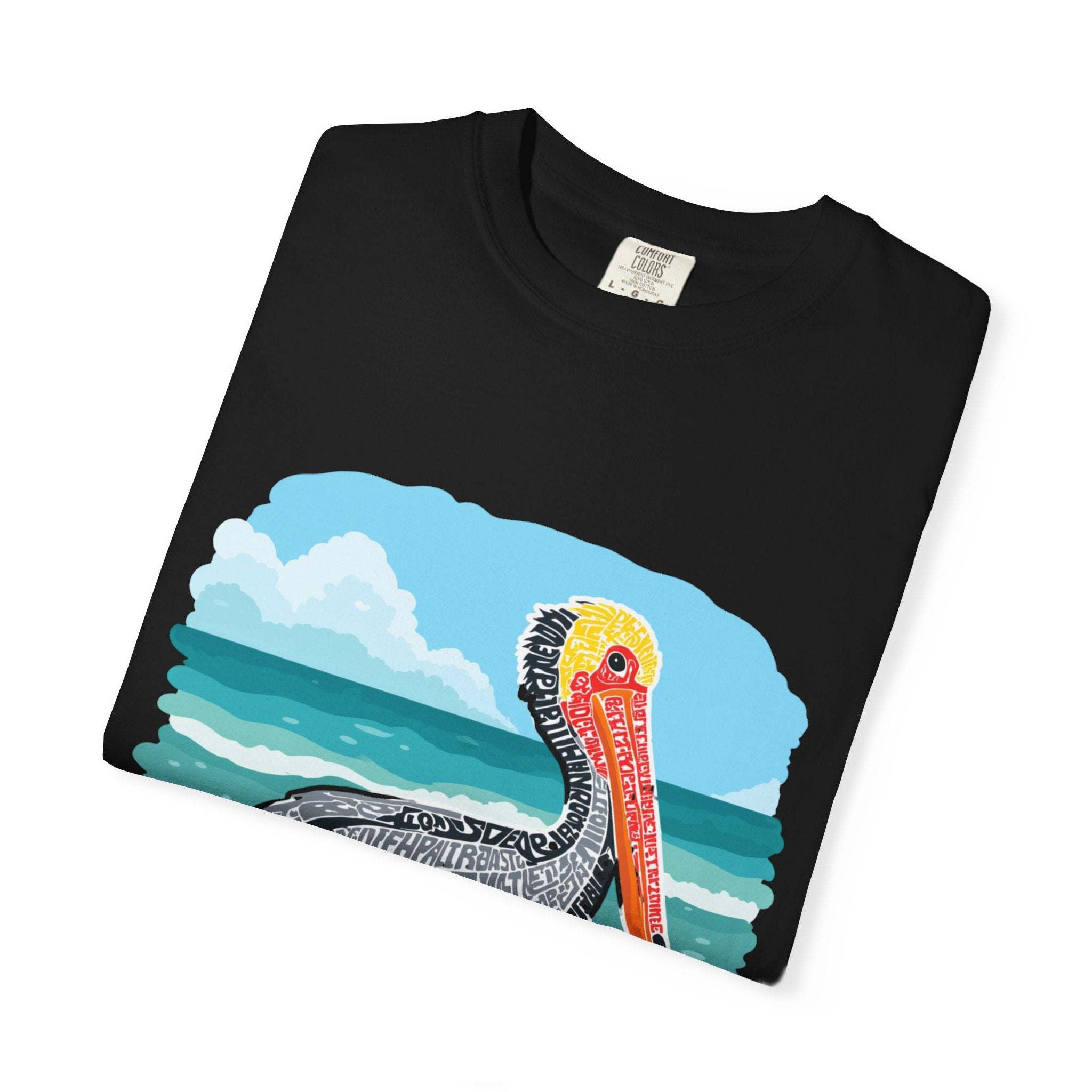 Vintage Pelican Letter Poster graphic tee with muted coastal design and relaxed fit
