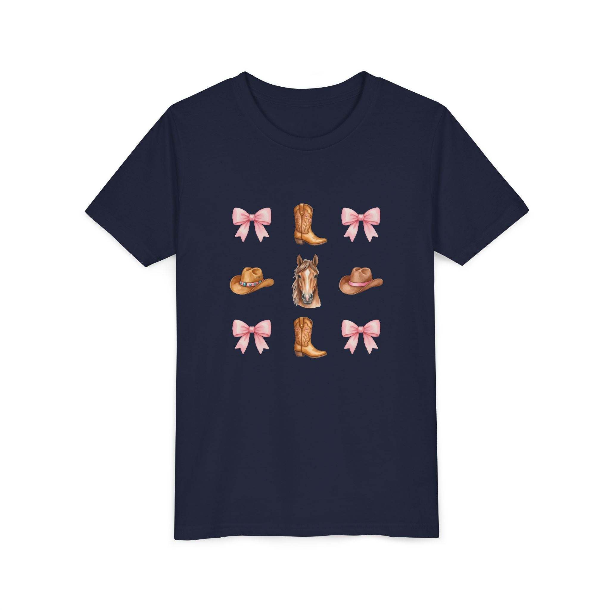 Cowboy Horse & Boots Coquette Bow Pattern Youth Tee | Pink Bows, Western Hat, Rodeo Kids Shirt