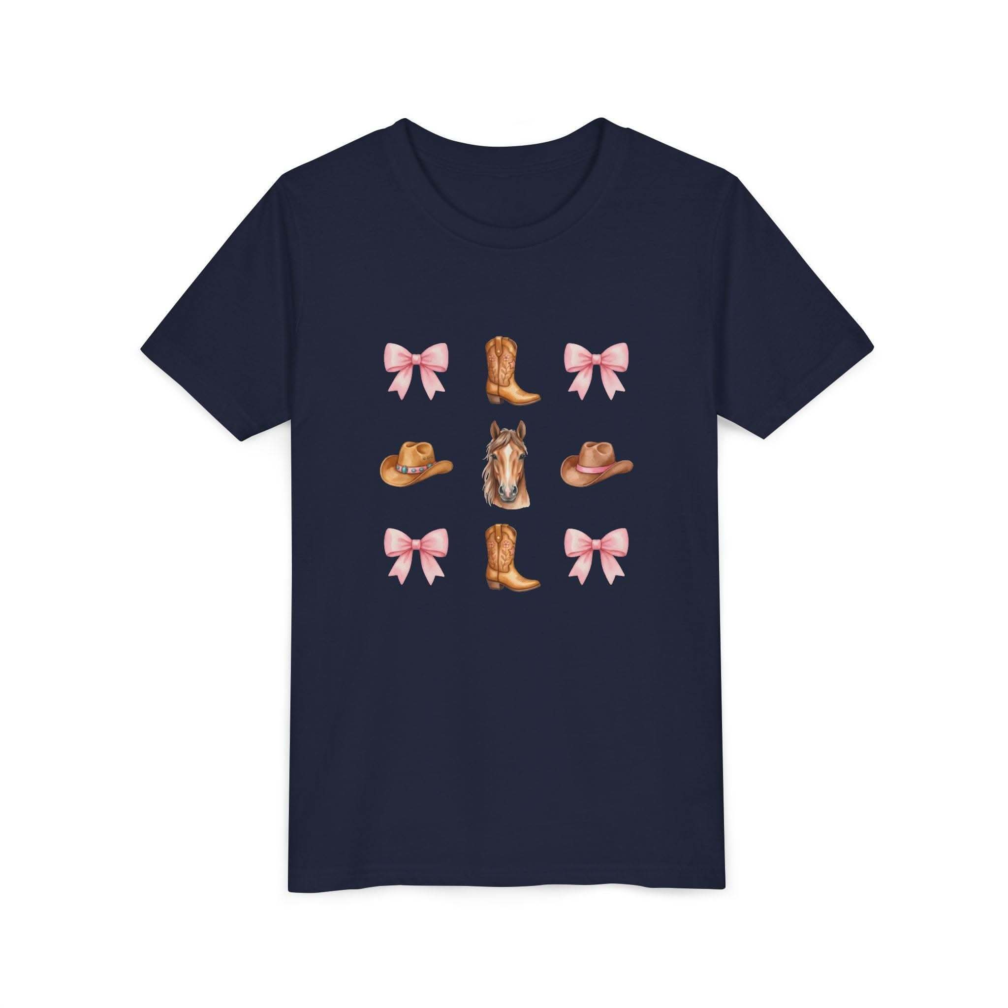 Cowboy Horse & Boots Coquette Bow Pattern Youth Tee | Pink Bows, Western Hat, Rodeo Kids Shirt
