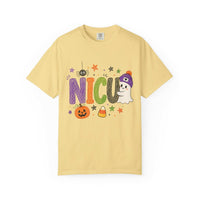 Butter yellow NICU nurse Halloween T-shirt with colorful crayon-style lettering, a smiling ghost in a purple beanie, pumpkin, and candy corn.