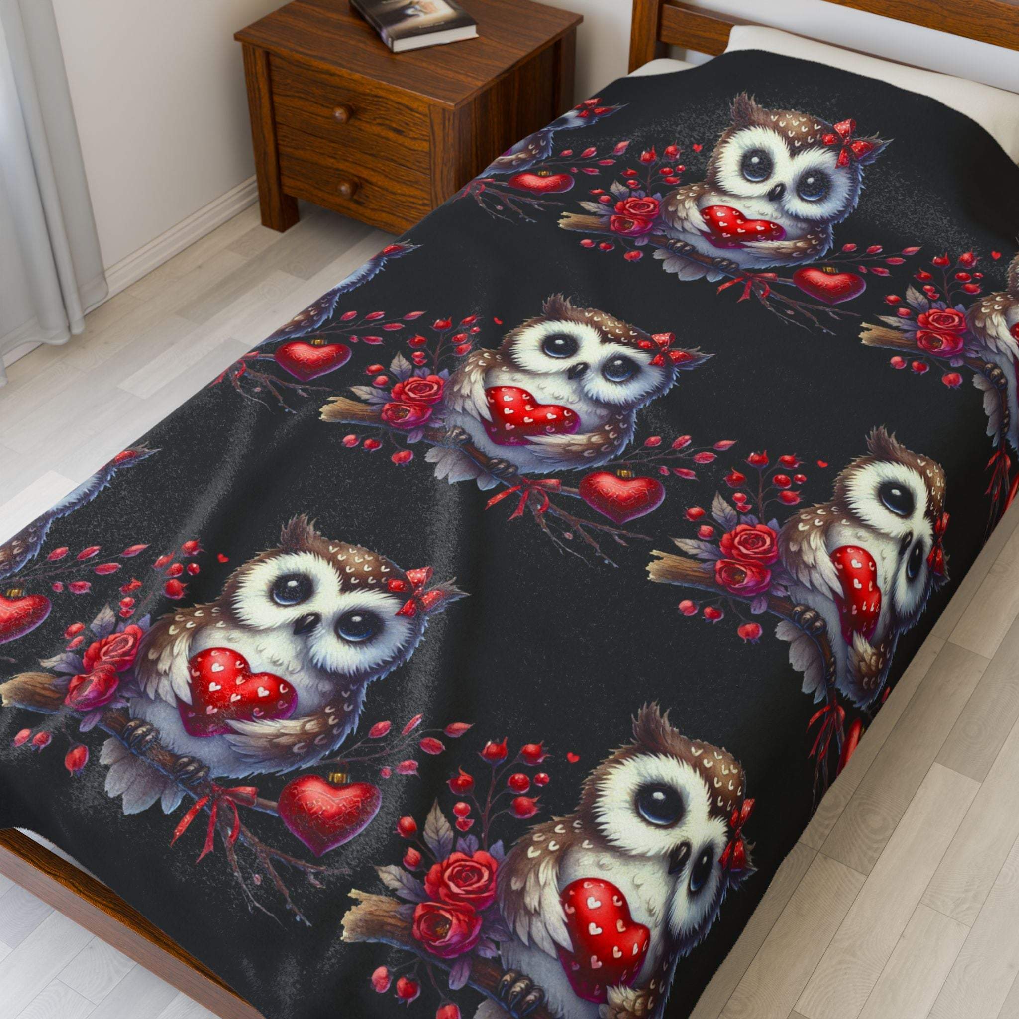 Floral Valentine Owl velveteen plush blanket with owl holding heart and floral design