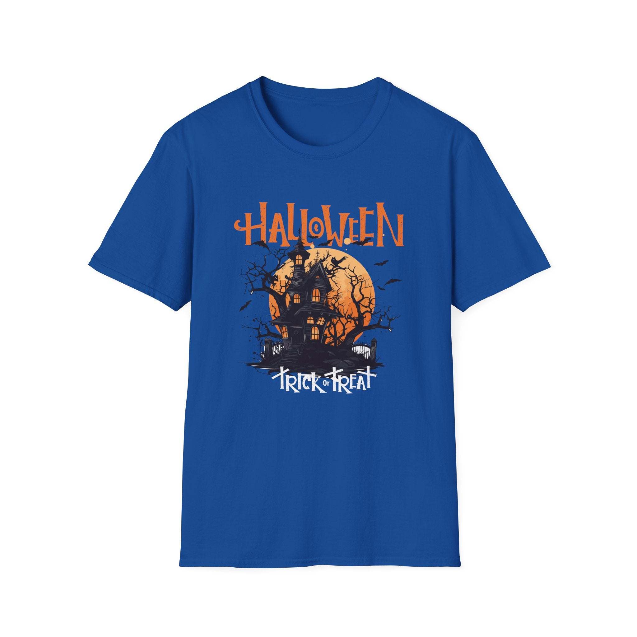 Royal blue unisex haunted house t-shirt from Printify for Halloween celebrations