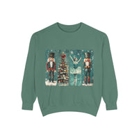 Vintage Christmas Nutcracker sweatshirt with watercolor nutcracker, Christmas tree, and ballerina design on green background