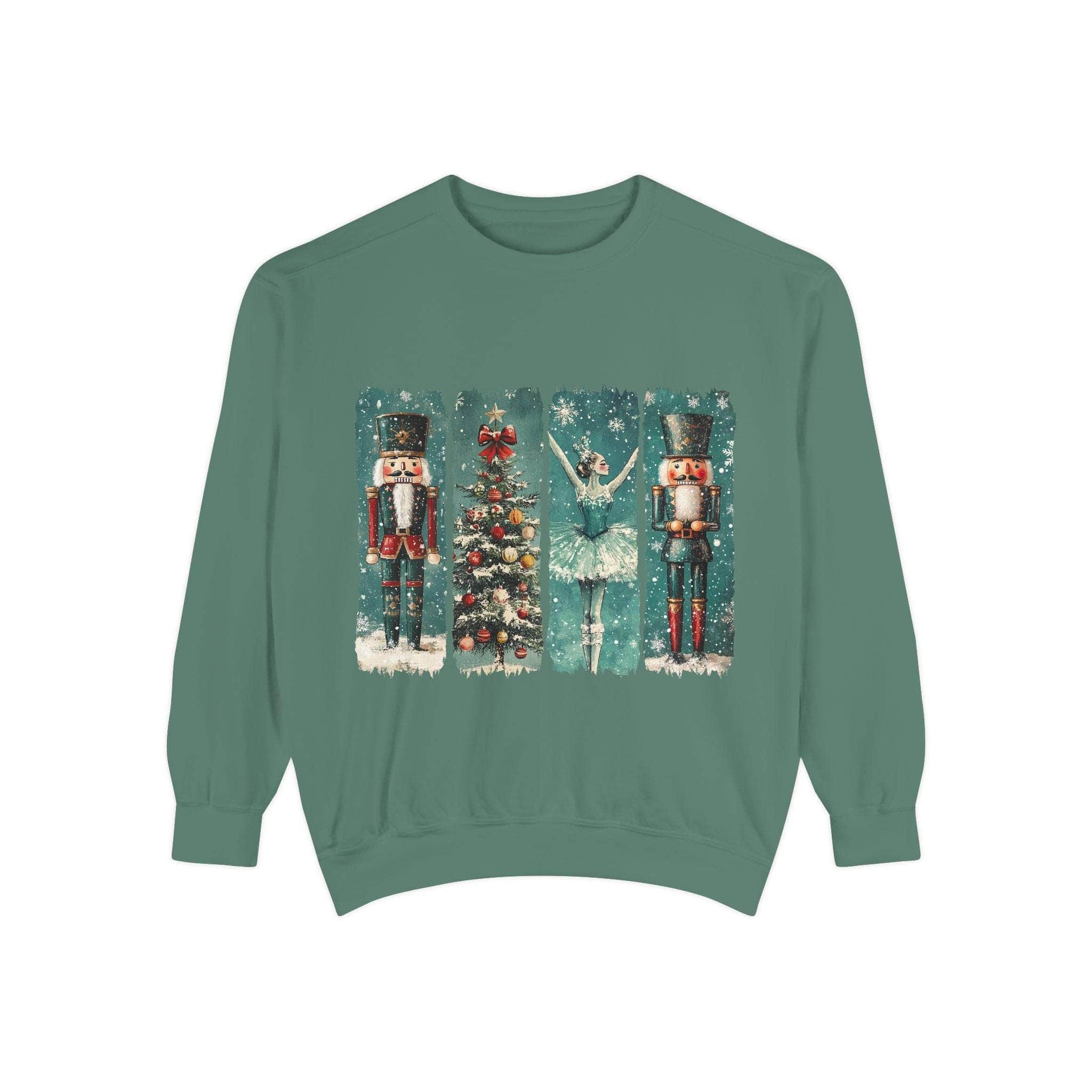 Vintage Christmas Nutcracker sweatshirt with watercolor nutcracker, Christmas tree, and ballerina design on green background