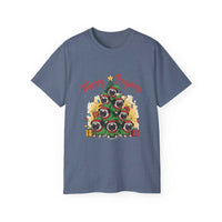 Black Merry Pugmas holiday t-shirt from Printify, featuring festive pug design for dog lovers.