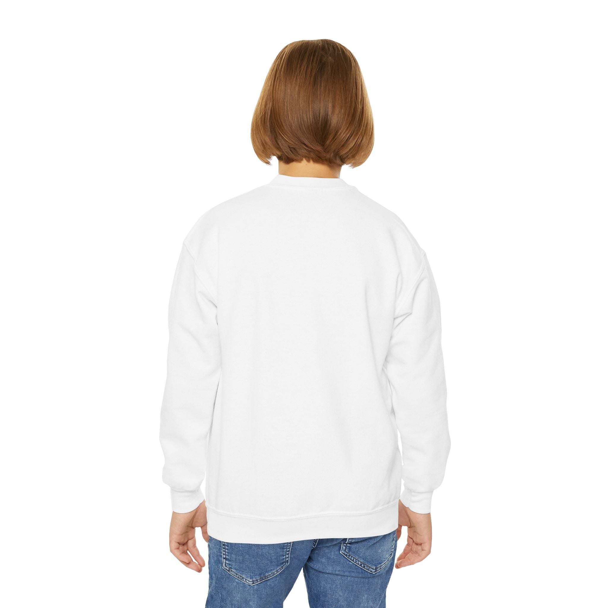 Back view of a child wearing a white Moody Girl Highland Cow sweatshirt with a loose fit and ribbed collar