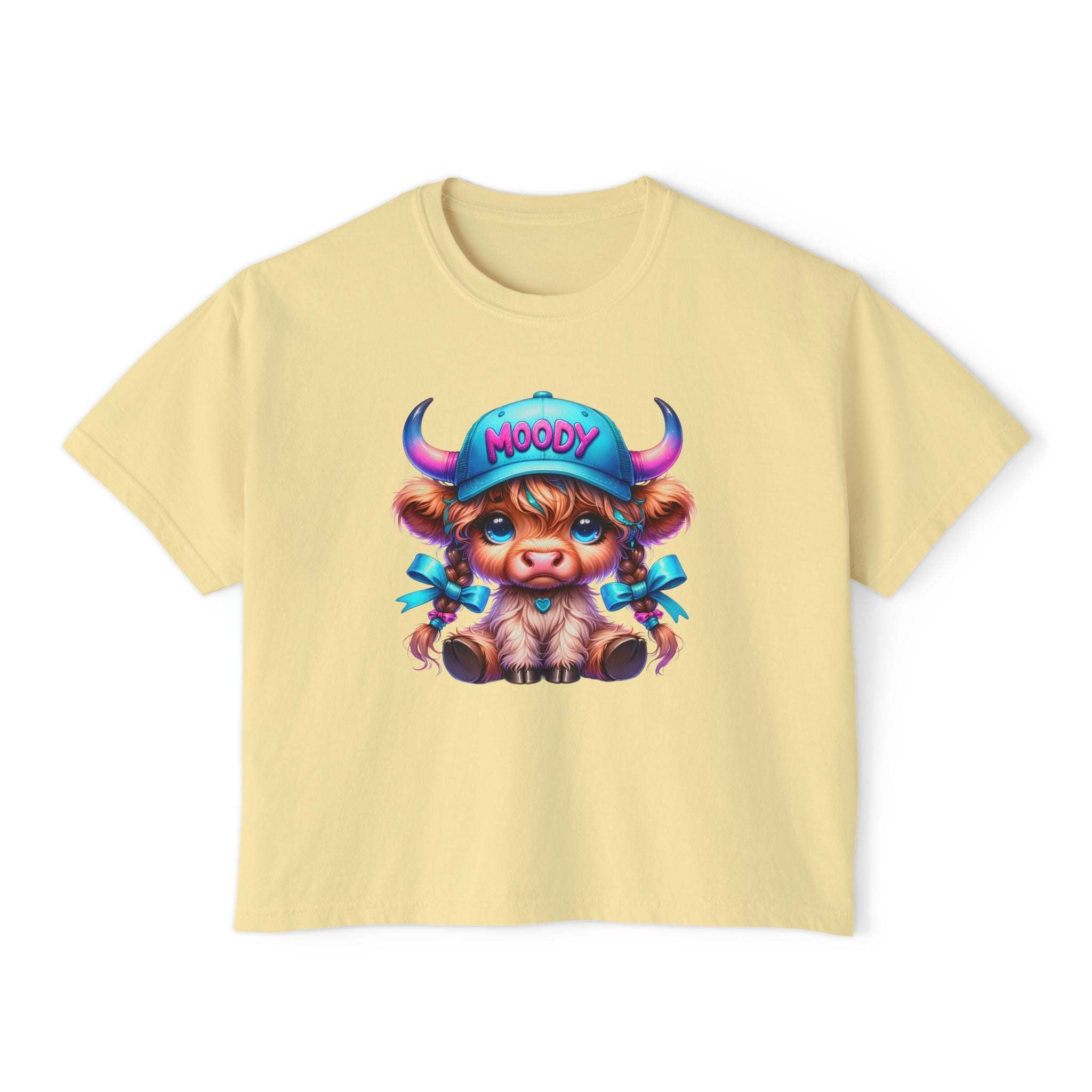 Women's boxy tee with moody girl highland cow graphic, vintage pigment dye, 100% cotton, casual fit