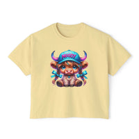 Women's boxy tee with moody girl highland cow graphic, vintage pigment dye, 100% cotton, casual fit