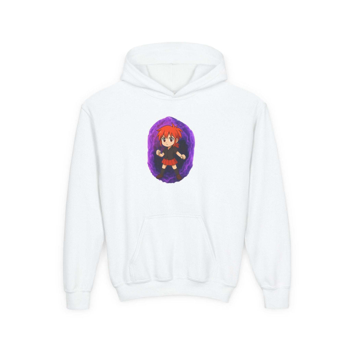 Anime Purple Power Girl hoodie in bold purple design on cotton polyester blend fabric
