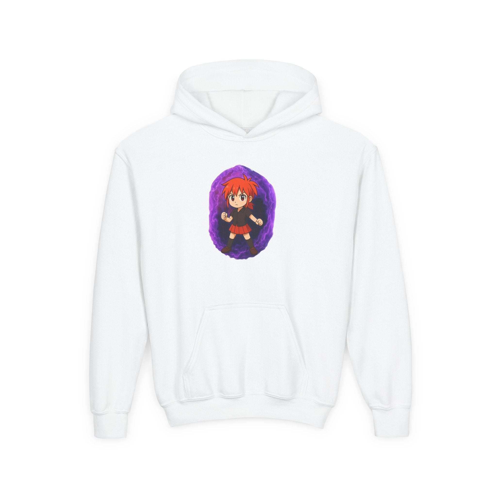 Youth white hoodie sweatshirt with Anime Purple Power Girl graphic and kangaroo pocket
