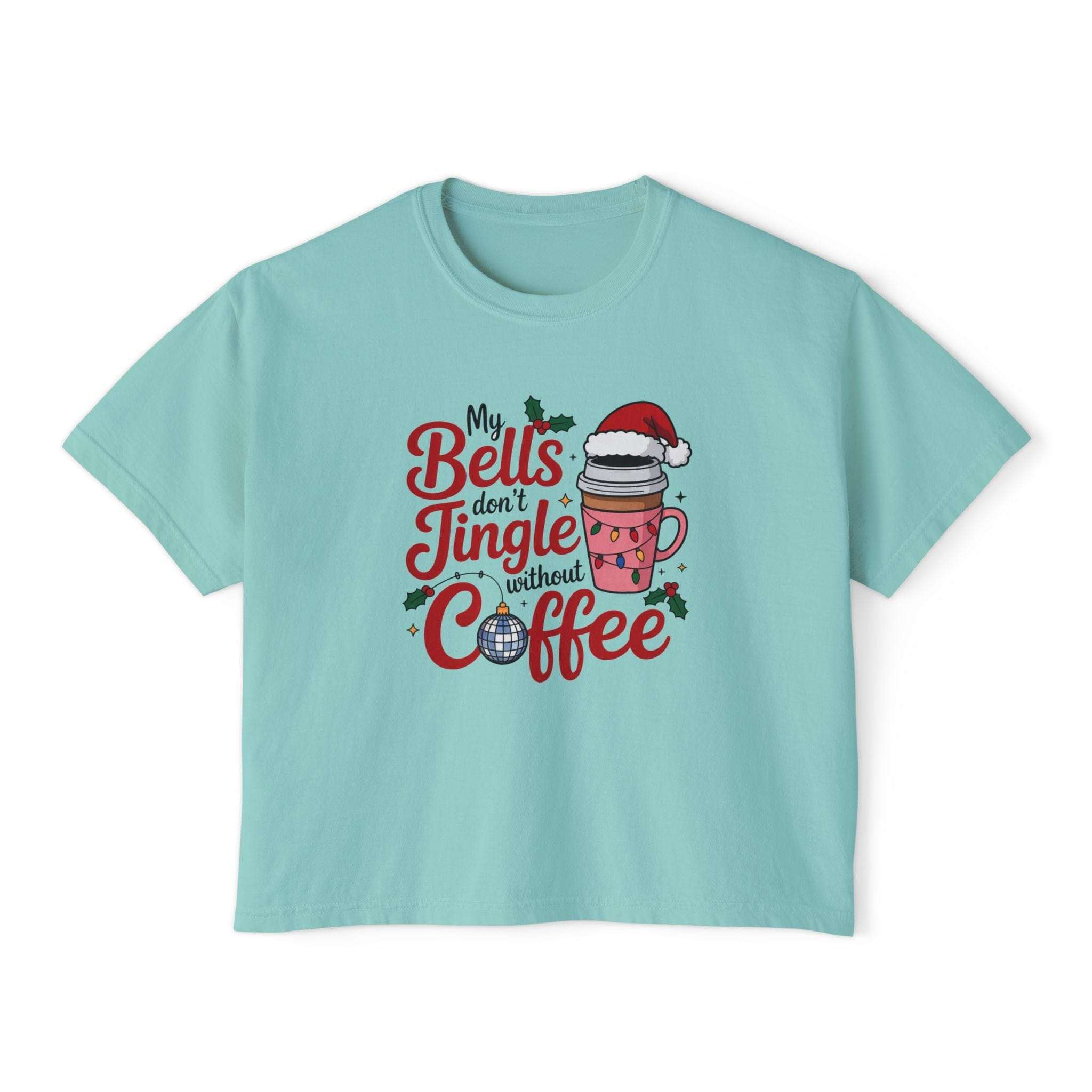 White boxy tee featuring 'My Bells Don't Jingle Without Coffee' graphic, casual style by Printify