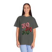 White Christmas graphic tee featuring faux puffy crochet 'Ho, Ho, Ho' design by Printify