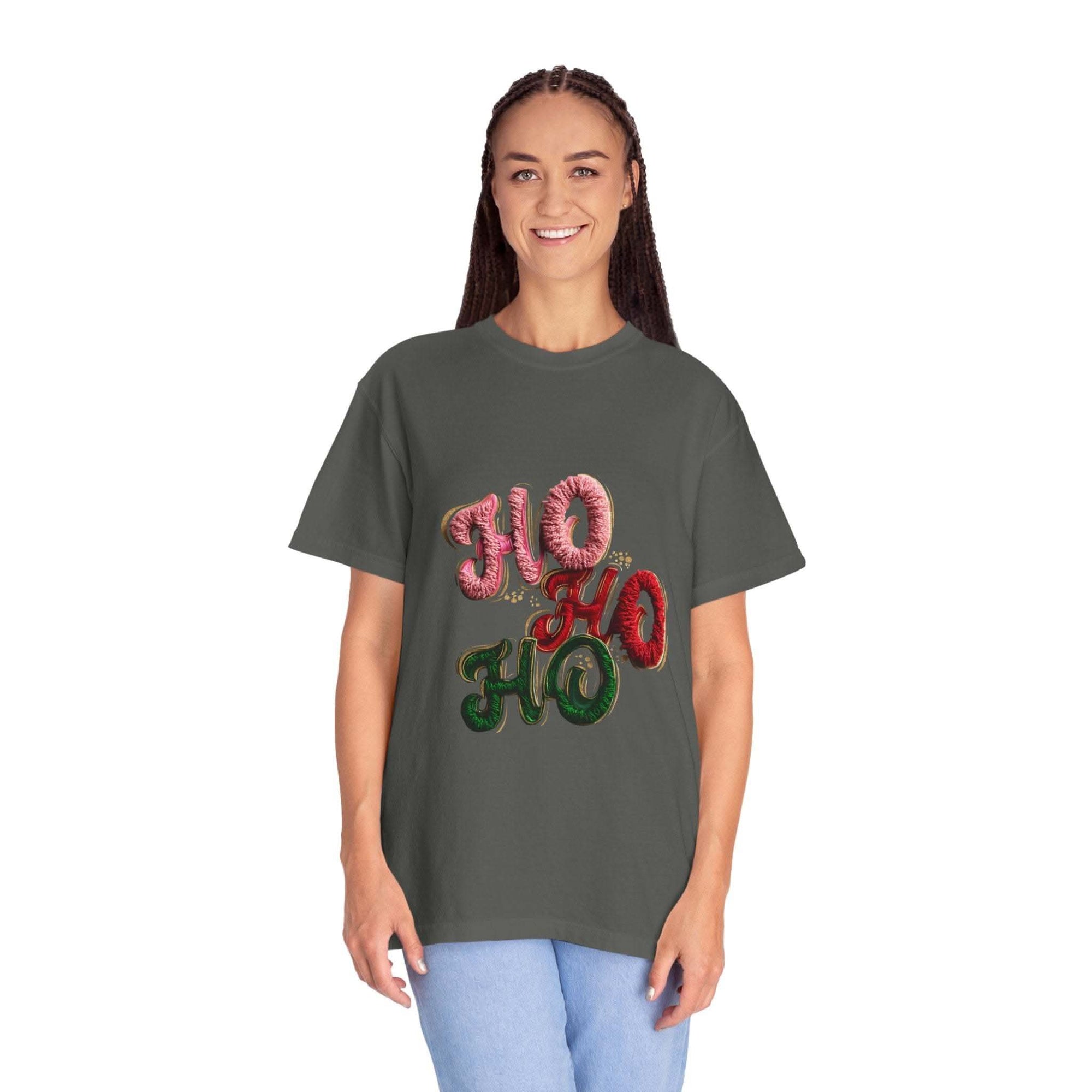 White Christmas graphic tee featuring faux puffy crochet 'Ho, Ho, Ho' design by Printify
