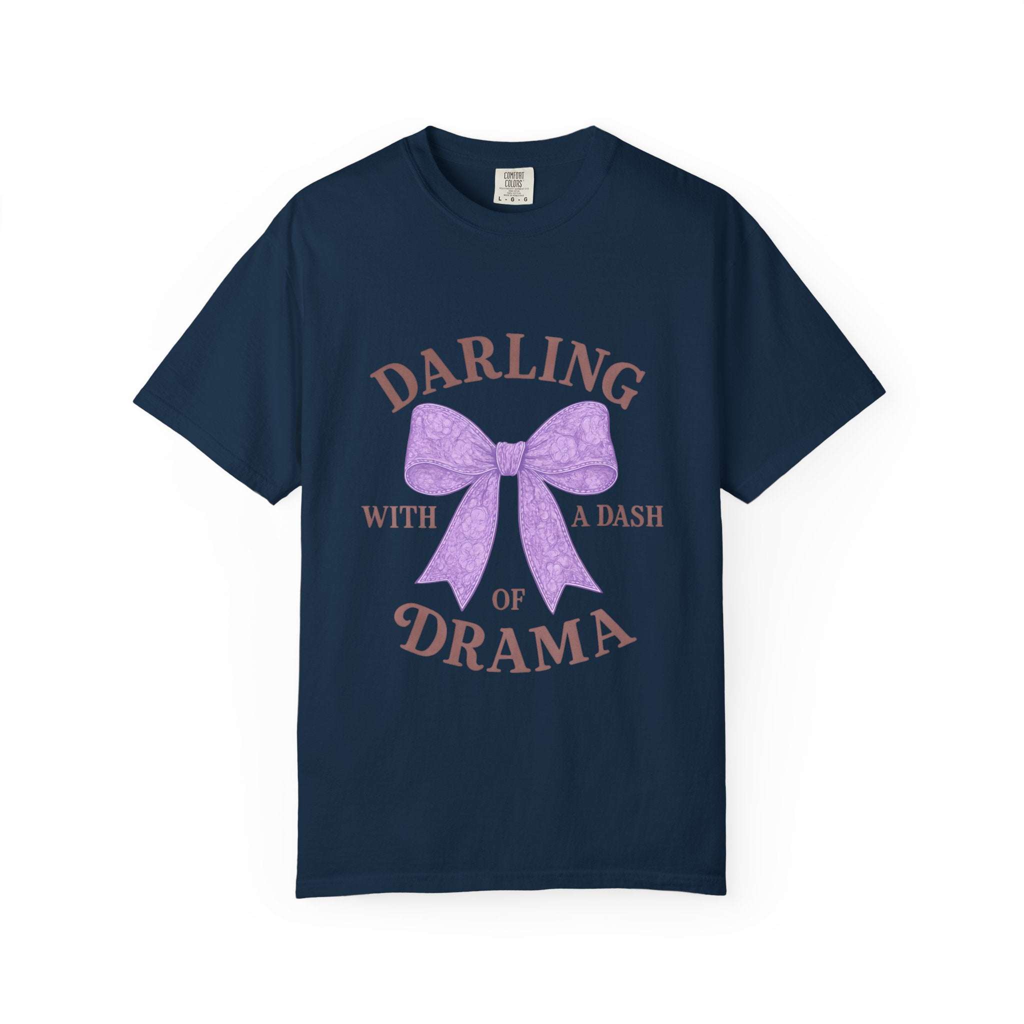 Navy blue t-shirt with a purple bow and text on a white background
