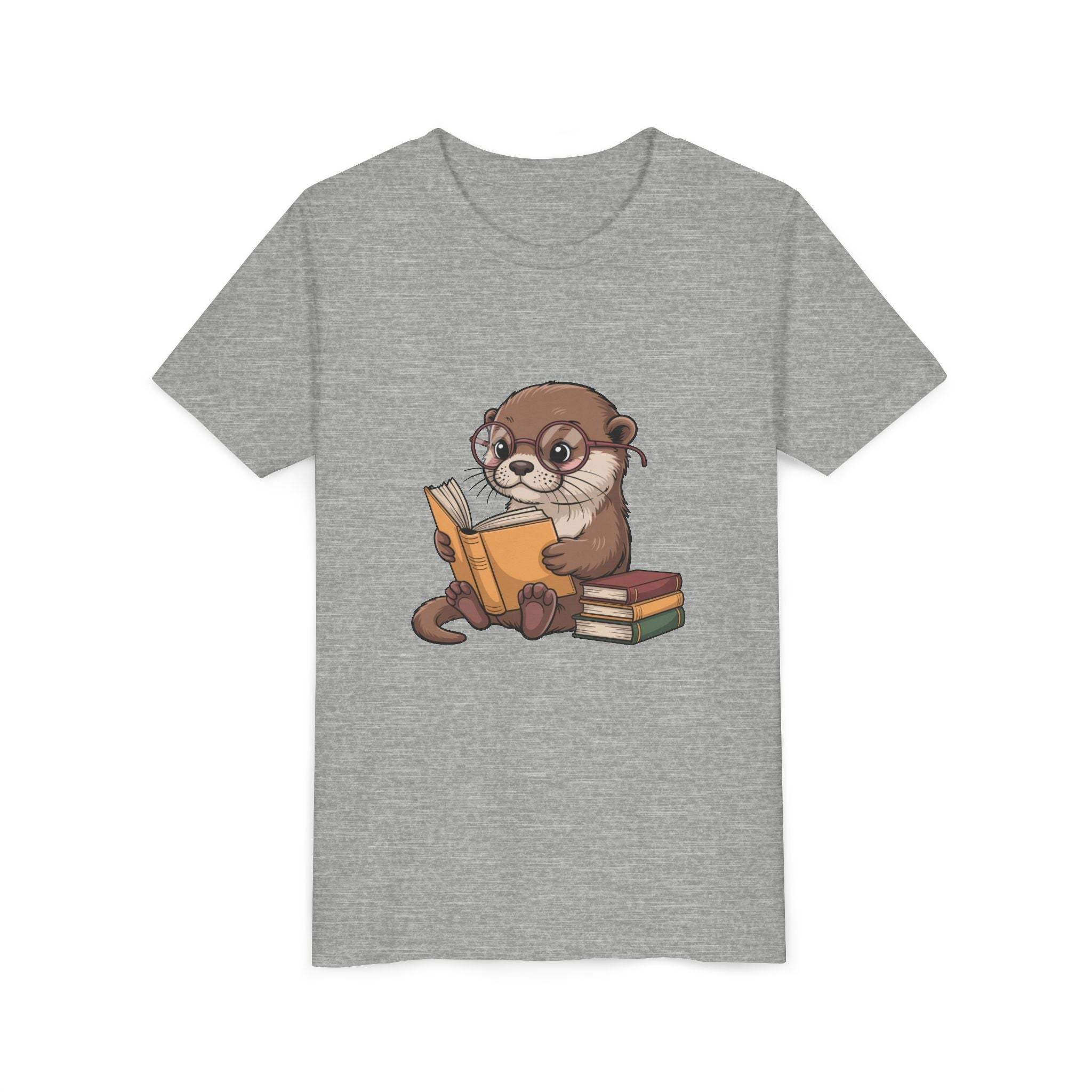 Gray t-shirt with an otter reading a book graphic on a white background